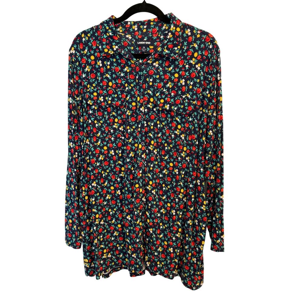Lands' End Floral Button Up Tunic Shirt Blouse Ditsy Garden Mom Grandma 2X